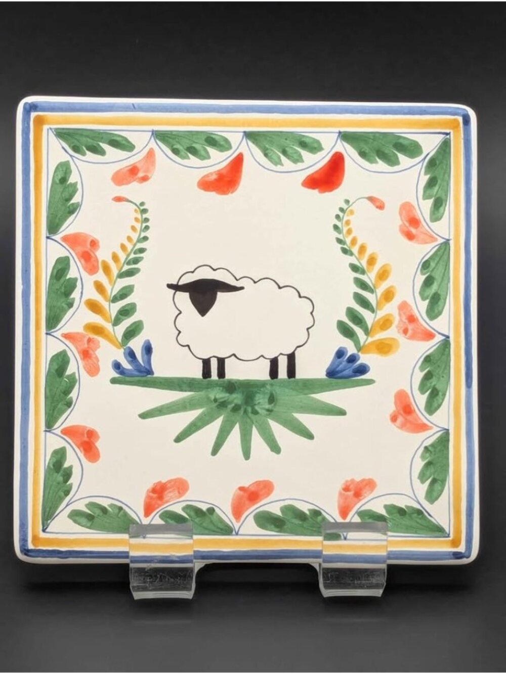 Vintage Hand Painted Ceramic Sheep Tile Trivet Folk Art